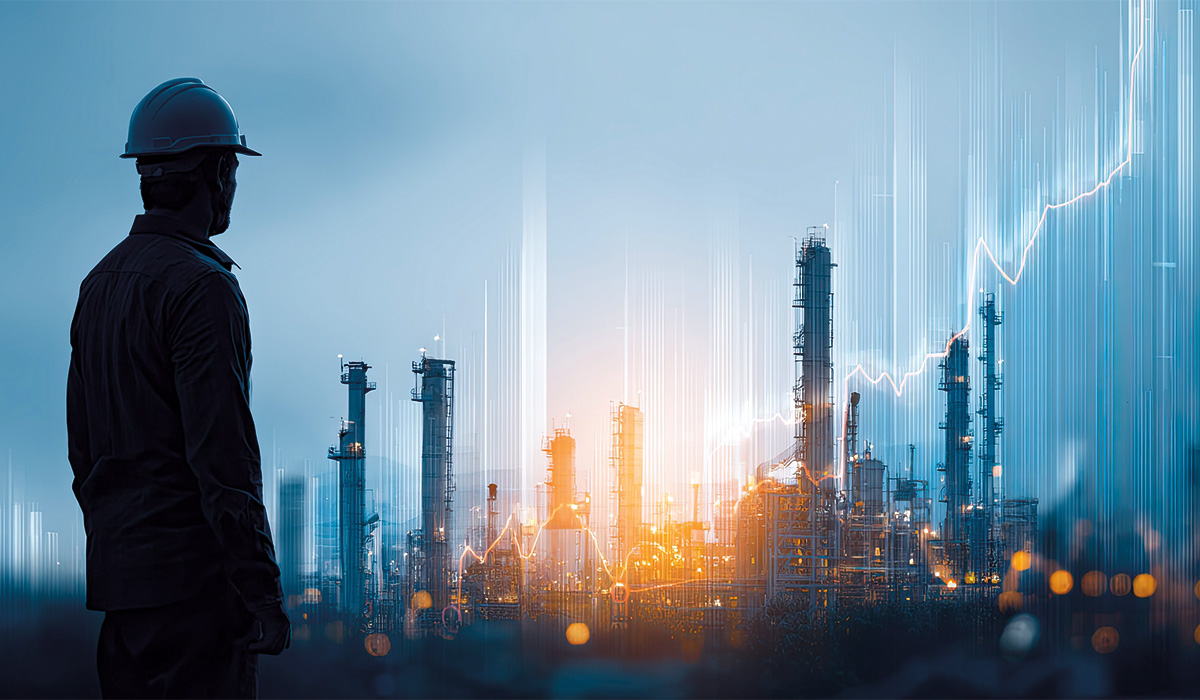 Engineer observing smart refinery with rising data charts symbolizing industrial performance growth.
