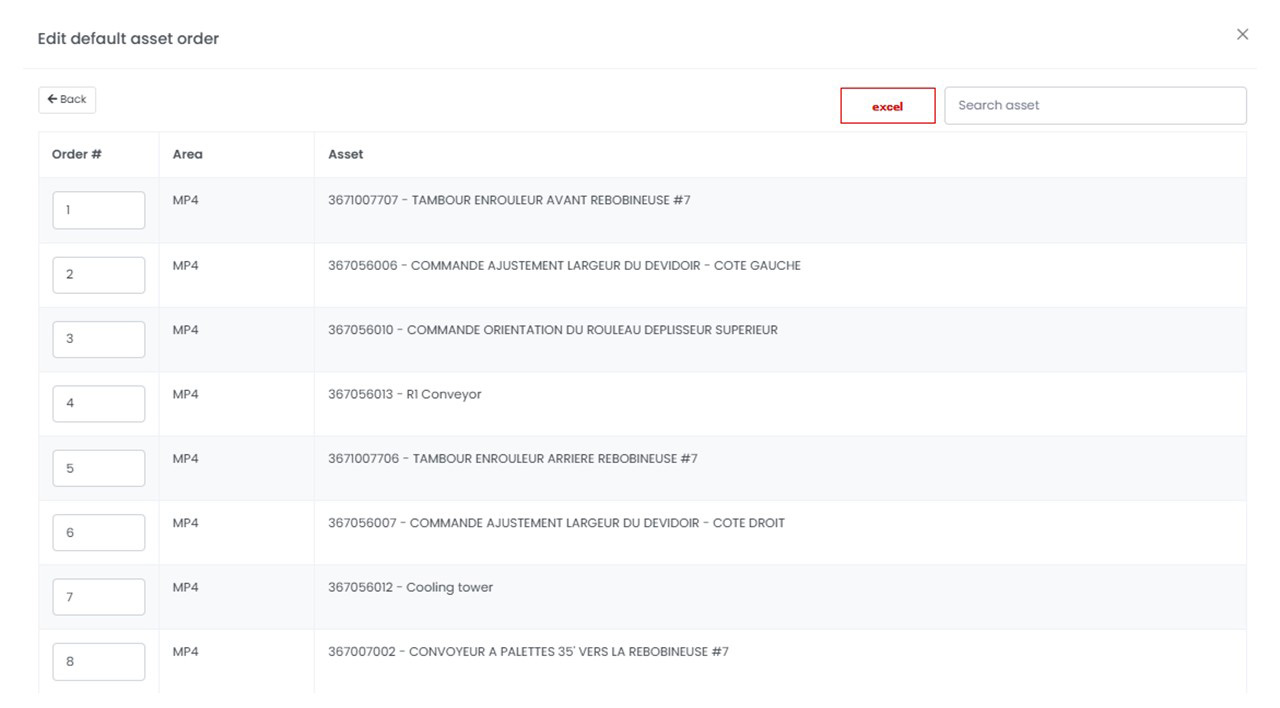 Edit default asset order screen in the Spartakus APM Route Builder with the Excel export button highlighted