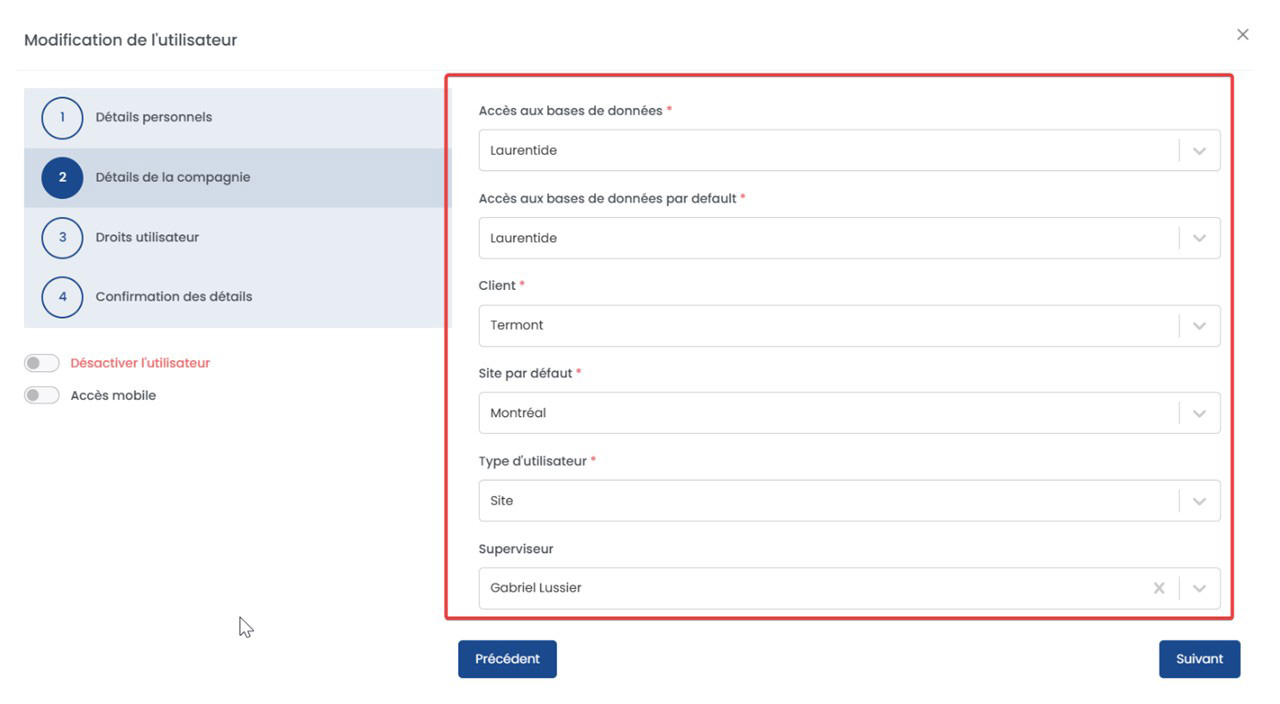 Spartakus APM user account company details step showing data set access, client, default site and user type fields
