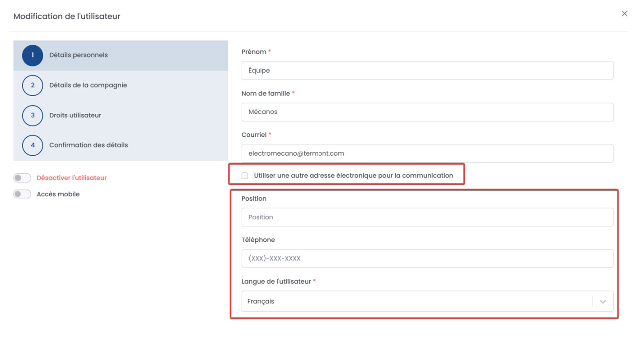 Spartakus APM user account personal details step showing position, phone number and user language fields