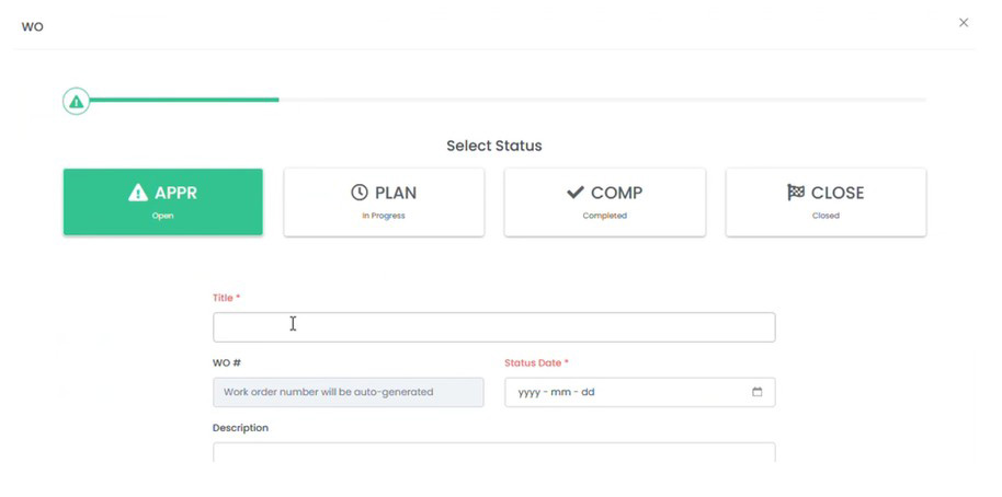 Spartakus APM work order creation screen with the WO # field showing the auto-generated placeholder