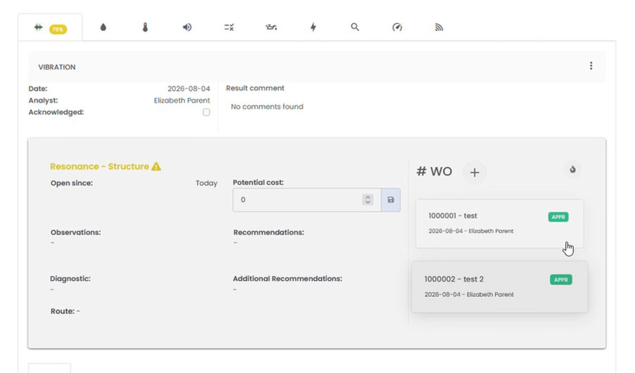Spartakus APM alert panel listing work orders numbered 1000001 and 1000002 from the automatic sequence