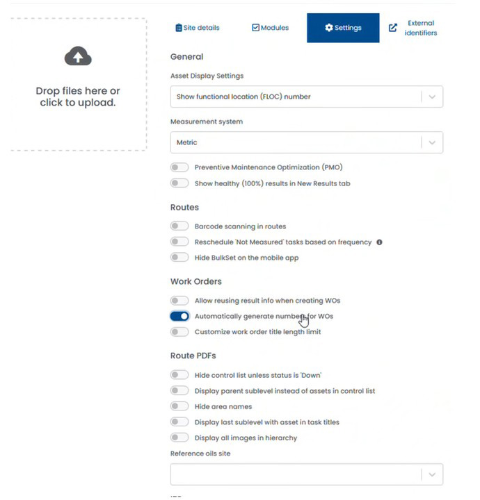 Spartakus APM site settings with the Work Orders option Automatically generate number for WOs enabled